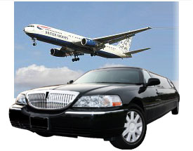 A black limo and an airplane flying in the sky